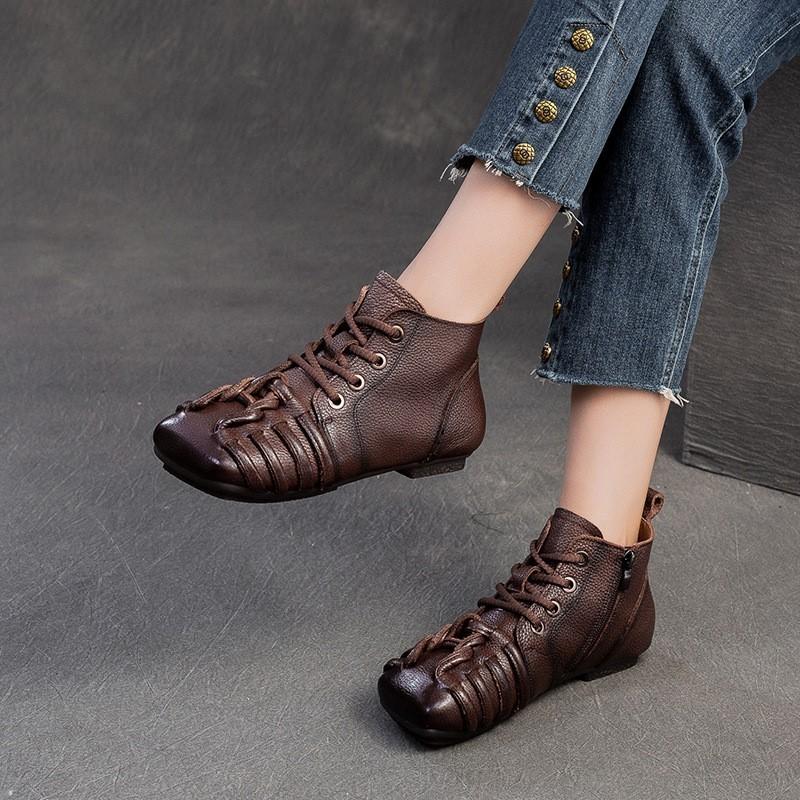 Johnature Retro Short Boots Comfortable Genuine Leather Casual Versatile Woven Women's Shoes