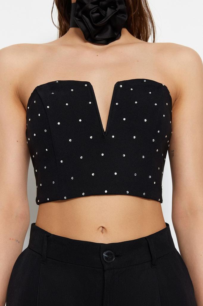 Women's Fashion Black Crop Shiny Stone Woven Bustier