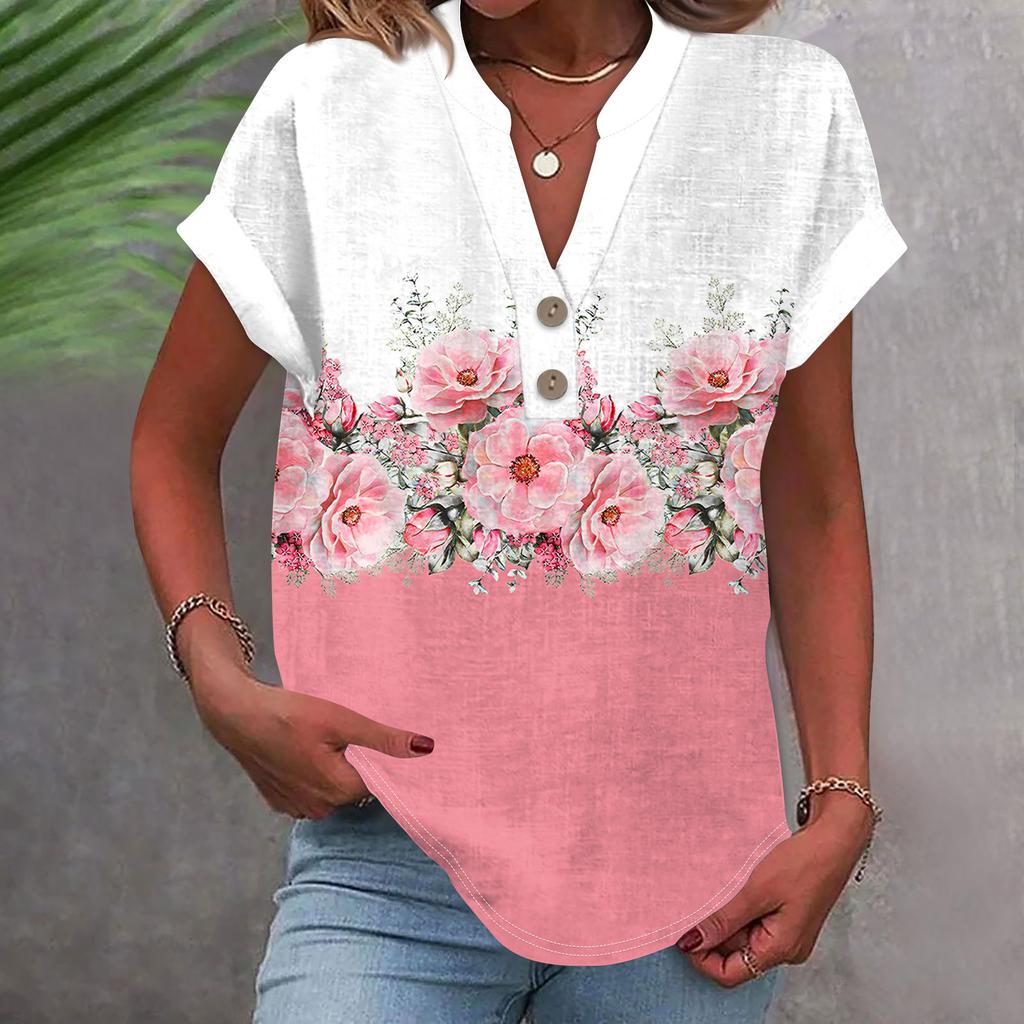 Женская модная повседневная рубашка с v-образным вырезом и коротким рукавом с принтом, футболка на пуговицах, топ