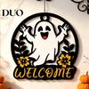 Hollow Wooden Hanging Signs Halloween Ghost Pumpkin Round Welcome Door Hanger, Wall Plaque Decorative Props for with Rope, Decor Front Living
