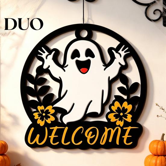 Hollow Wooden Hanging Signs Halloween Ghost Pumpkin Round Welcome Door Hanger, Wall Plaque Decorative Props for with Rope, Decor Front Living