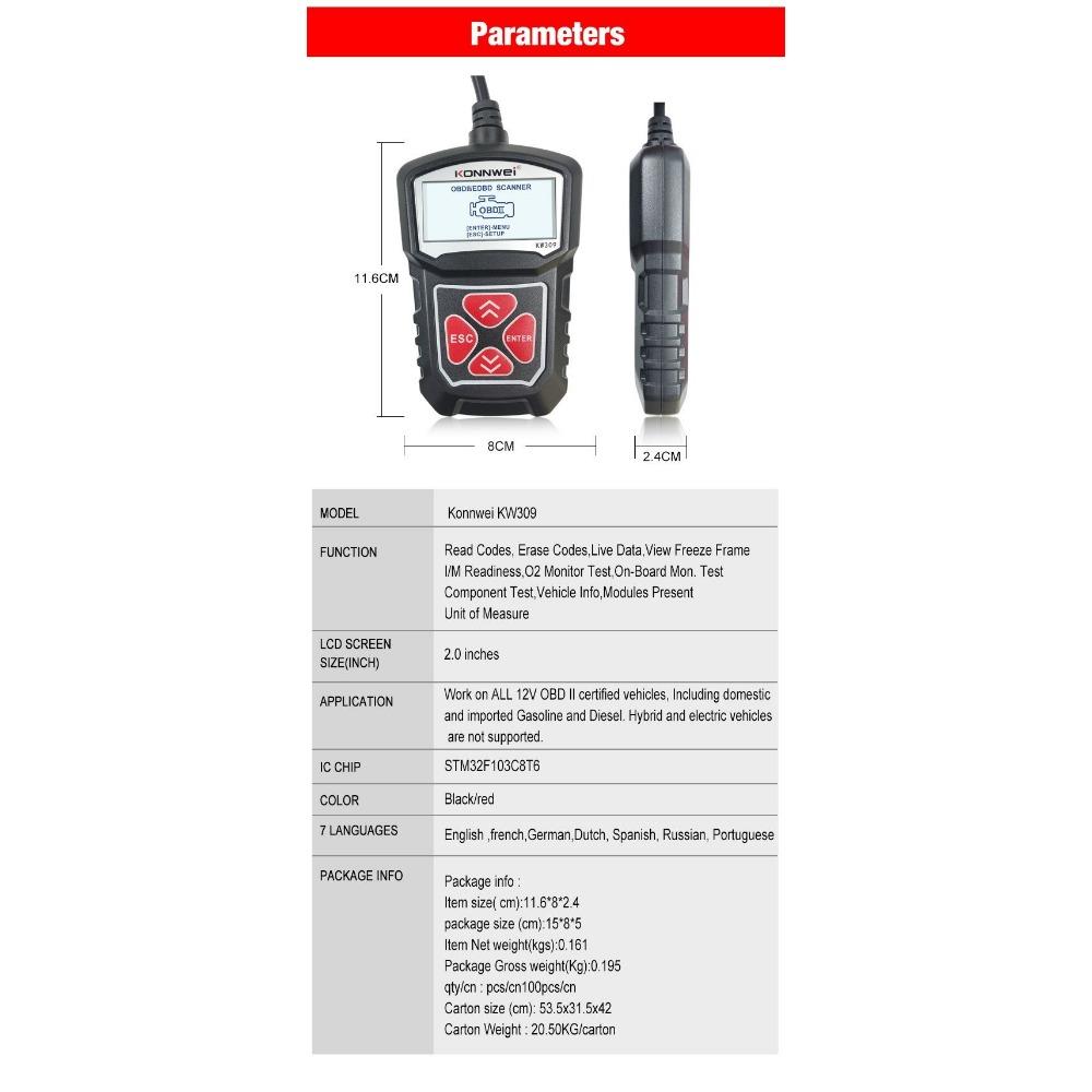KONNWEI KW309 OBDII сканер считыватель кодов неисправностей двигателя ELM327 автомобильный сканер OBD2 автомобильный OBD сканер ремонт диагностические инструменты