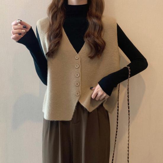 Осень-зима Женский жилет с V-образным вырезом на пуговицах Однотонный свободный трикотажный толстый сохраняющий тепло свободный свитер без рукавов
