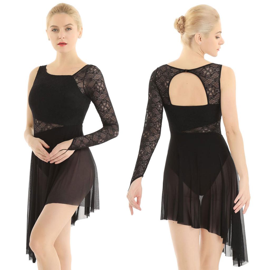Women Adults Single Long Sleeve with Fingertip Lace Bodice Asymmetric Leotard Dress for Lyrical Modern Contemporary Ballet Dance
