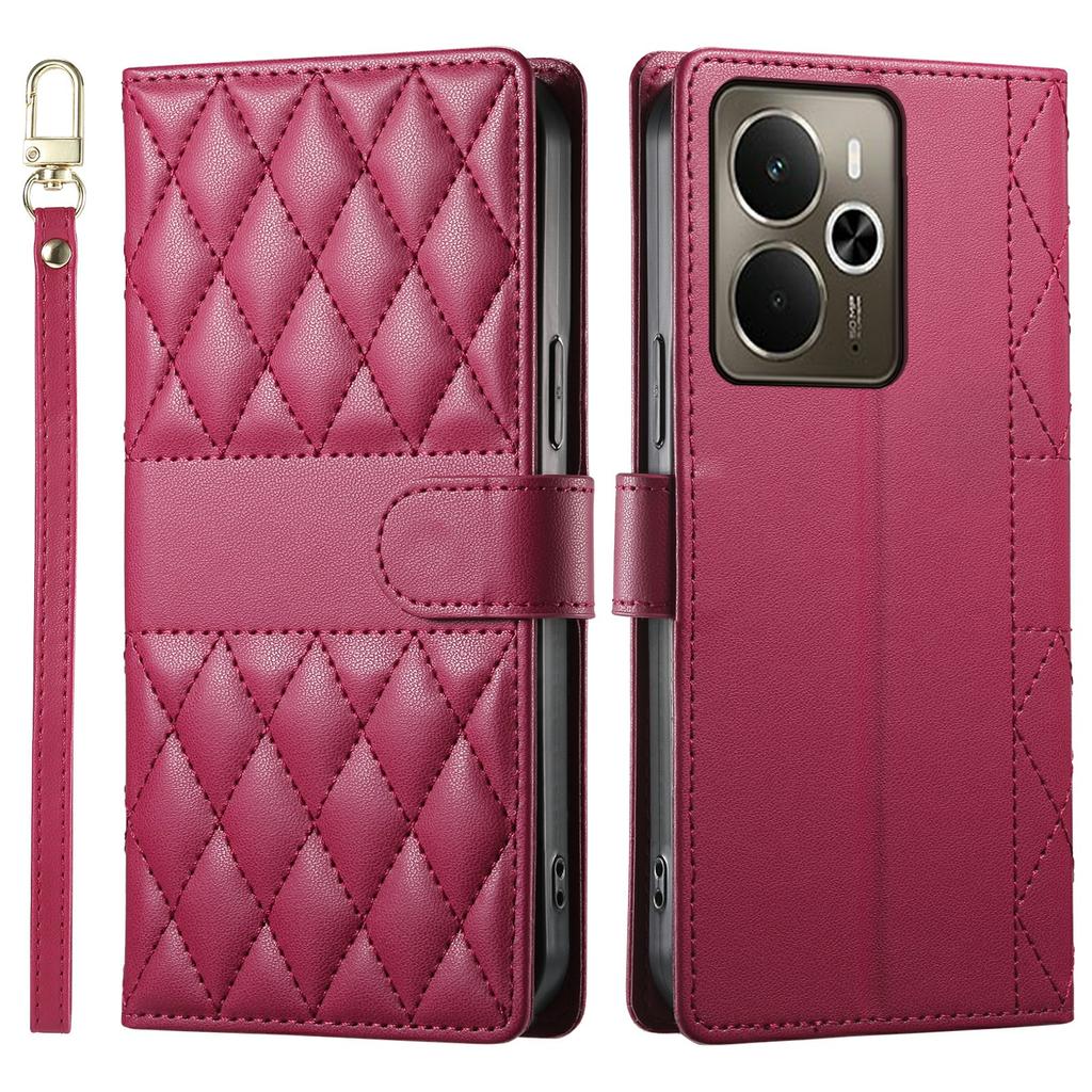 Для Realme 14 5G Чехол Ромбовидная прострочка Кошелек Подставка Кожаный чехол для телефона с длинным/коротким ремешком