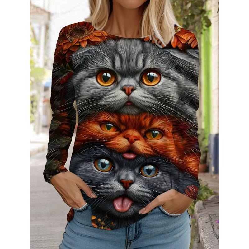 Рождественский женский круглый вырез с длинным рукавом и принтом котенка, длинный рукав, праздничный свитер с 3D-принтом, длинный рукав, весна и осень