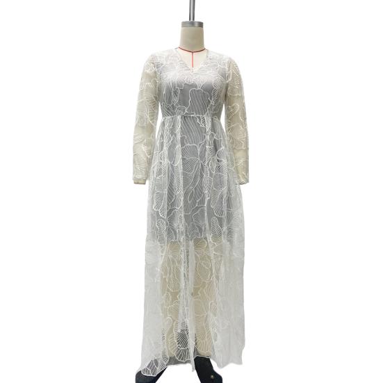 Женское вечернее платье с глубоким V-образным вырезом, кружевное, с цветочной вышивкой, макси-платье А-силуэта