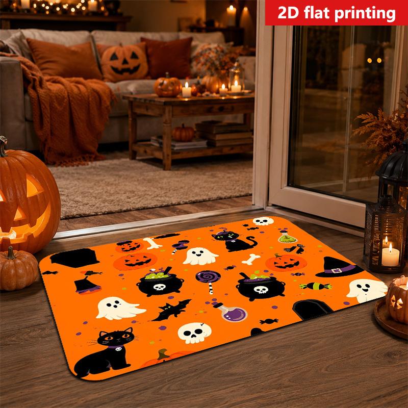 1pc 1pcs Thick Soft Non-Slip Suitable for Placement at Indoor Doorways Entry Mat with Orange Black Cat Pumpkin Skull Bones Witch Cauldron Candy Print