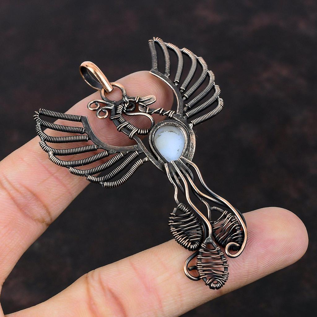 Подвеска из голубого кружевного агата, подвеска из медной проволоки, подвеска ручной работы в виде птицы Феникс, подвеска из драгоценного камня, подарок для женщин, очень красивые медные украшения