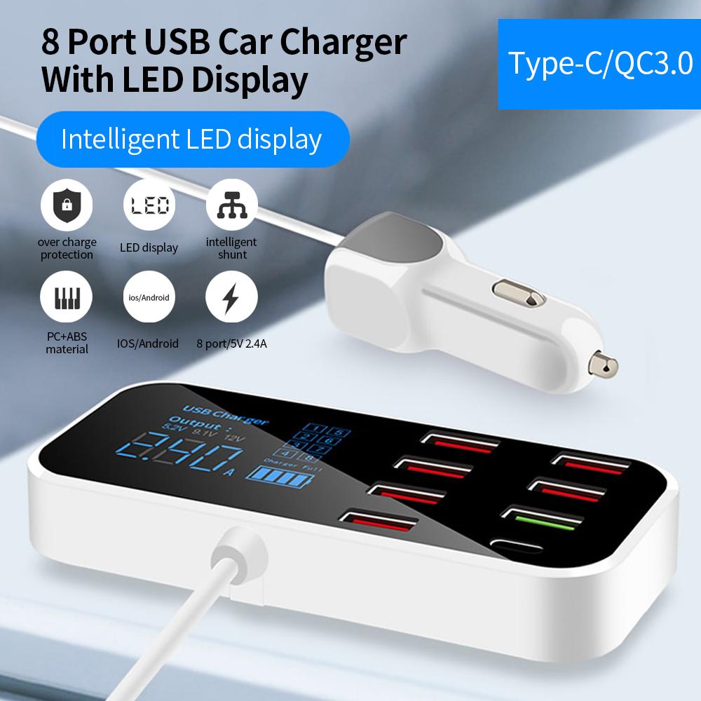 A9S+ 8 Port Car Charger with LED Display TypeC QC3.0 Quick Charging Intelligent Portable Safe