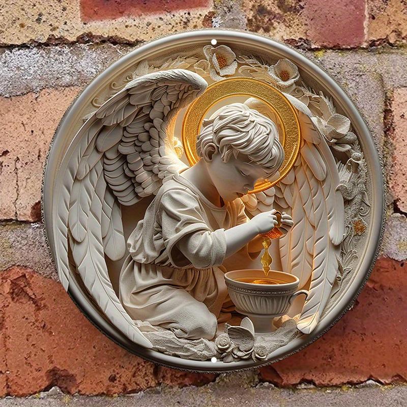 Маленький ангел-мальчик круглый деревянный настенный знак, устойчивый к царапинам, наружное и внутреннее украшение, настенное искусство, домашний декор