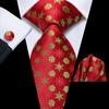 Hi-Tie Dark Gold Plaid Jacquard Mens Silk Tie Classic Necktie Cufflink Hanky Set