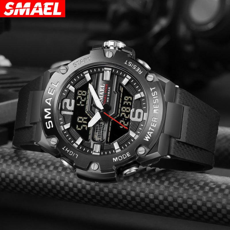 SMAEL Модные мужские часы, спортивные часы, 50 м, водонепроницаемые наручные часы, светодиодные цифровые часы с автоматической датой, секундомер, будильники 8033, мужские повседневные часы