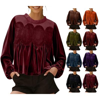 Свободного кроя, Приталенный Топ средней длины с длинными рукавами однотонный с сетчатой и бархатной вставкой