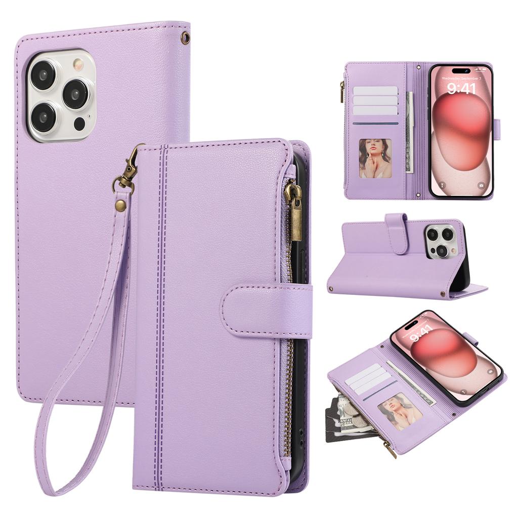 For iPhone 15 Pro Case Multi Card Slots Zipper Leather Phone Cover with Wrist Strap