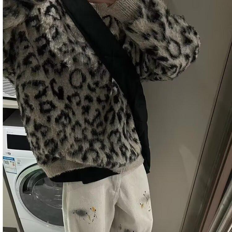 Мужской ретро-свитер с леопардовым принтом - Высококачественный вязаный свитер в стиле колор-блок