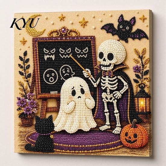 Faux Pearl Painting Kit Halloween Kit, DIY Witchcraft Art 3D Artistic Bead Mosaic Wall Craft for Adults Beginners, Handmade Holiday Decor Creative