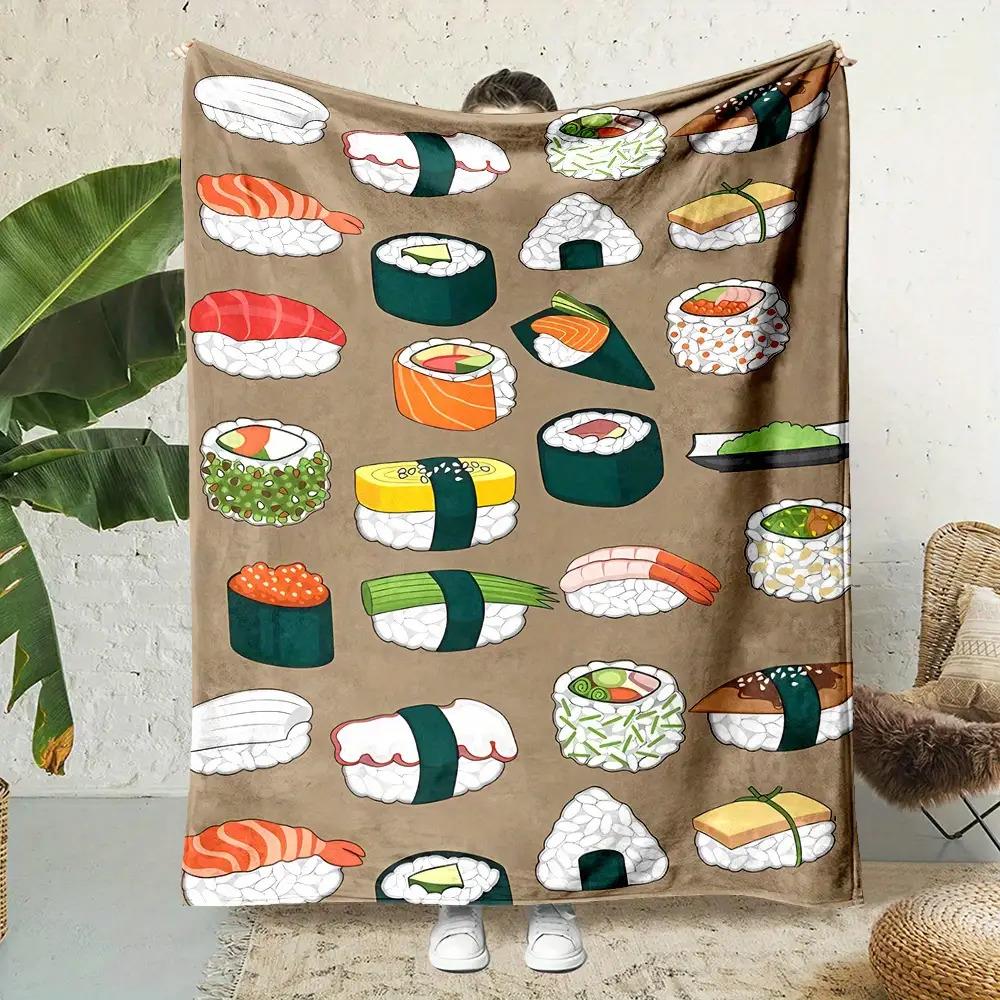 Japanese sushi-themed pattern Flannel printed blanket suitable for all seasons suitable for living room office sofa and travel
