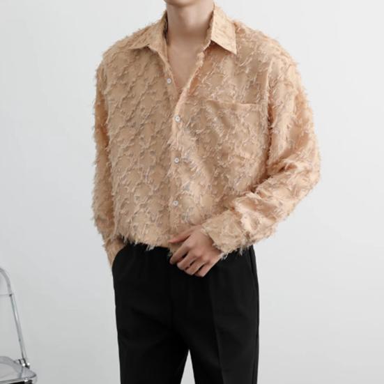 Мужская рубашка с нагрудным карманом и кисточками, отложным воротником, однобортная, с длинными рукавами, однотонная