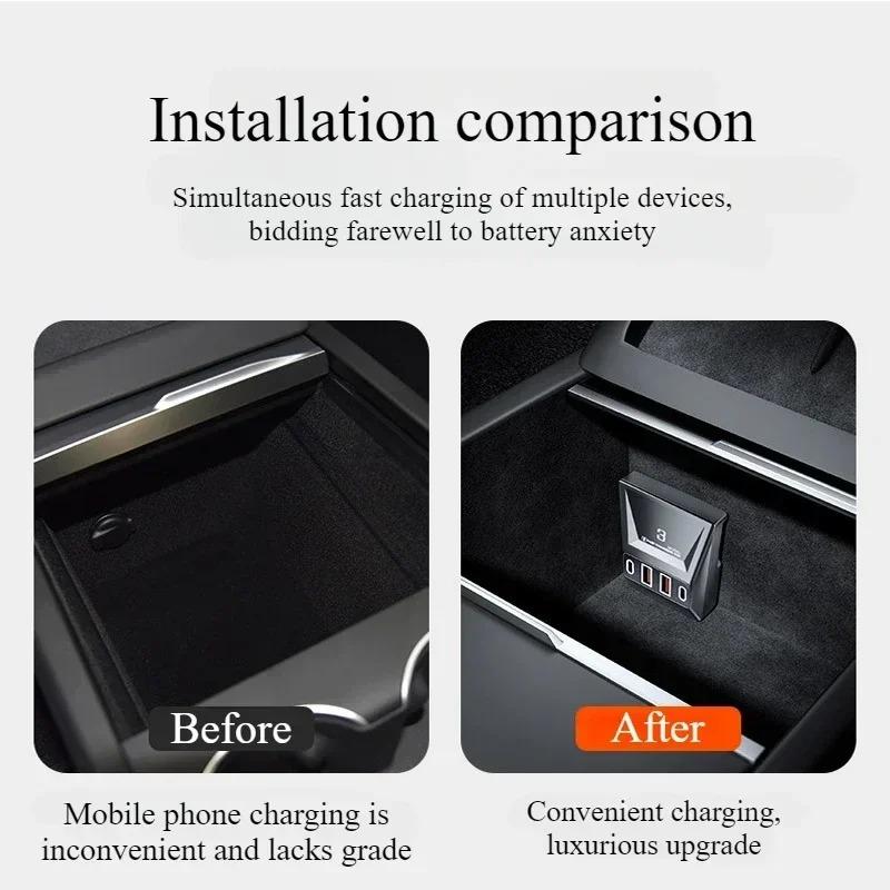 For Tesla Model 3 Highland 2024 90W Fast Charging Expansion Dock Central Bottom Hide Cigarette Lighter Charger Car Accessories