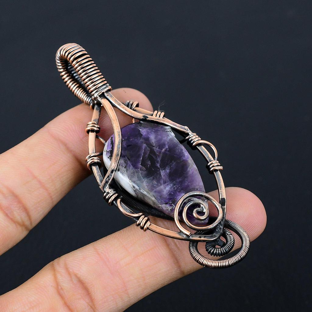 Sage Amethyst Gemstone Pure Copper Wire Wrapped Handmade Pendant Jewelry