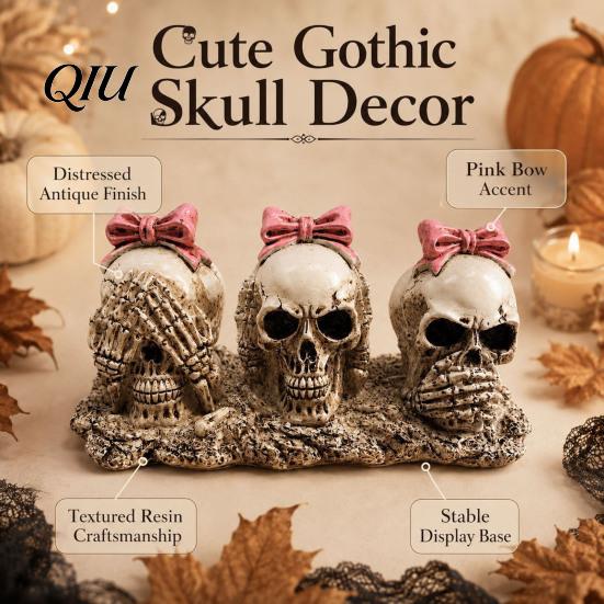 Spooky Mantel Display Pink Bow Skull Figurine, See Hear Speak No Evil Skulls Ornament, Dark Aesthetic Desk Accessory Gothic Resin Statue for Halloween