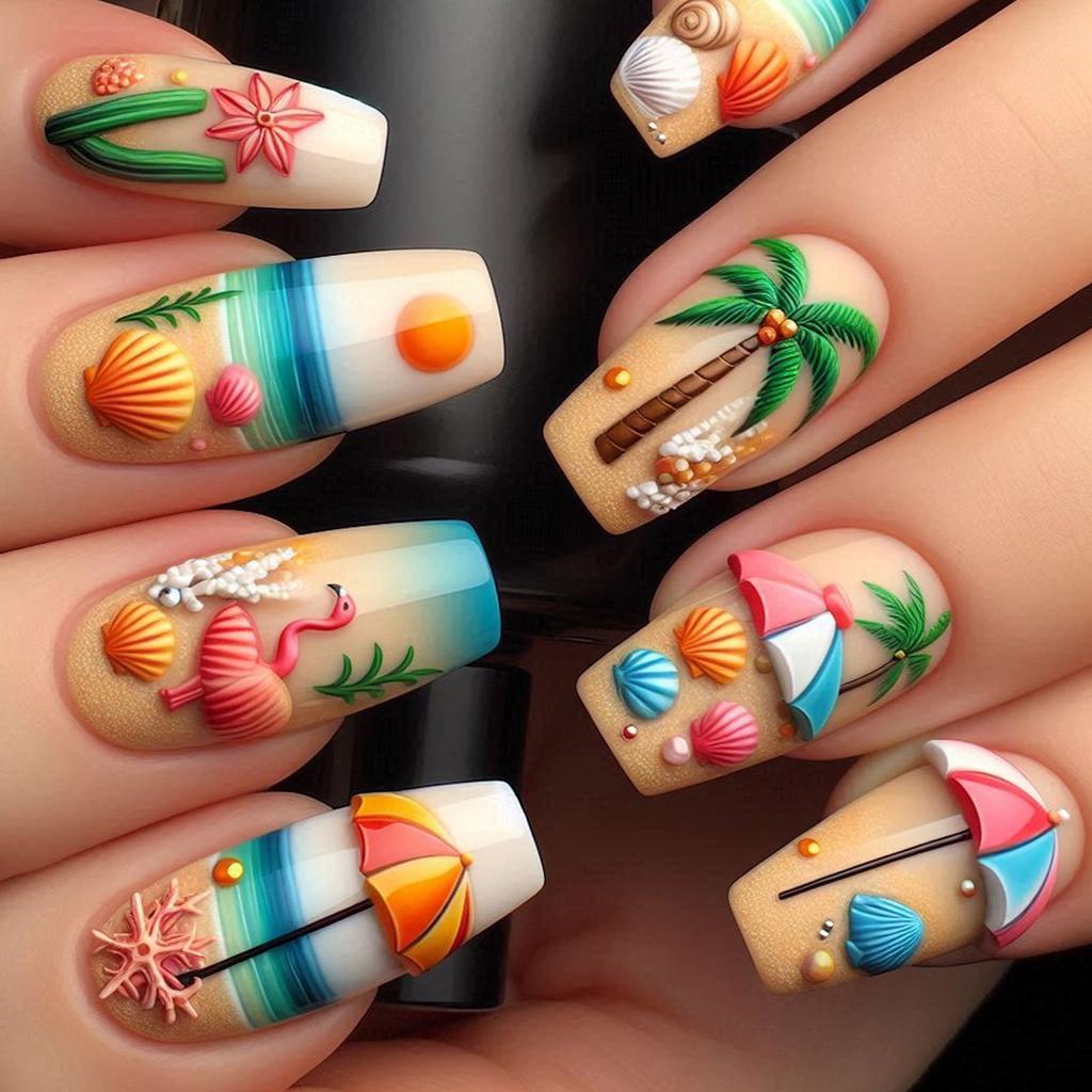 24 Pieces 3D Beach Press On Nail Medium Ballet Summer False Nail French Nail Art Tips Stick On Acrylic Nail for Women
