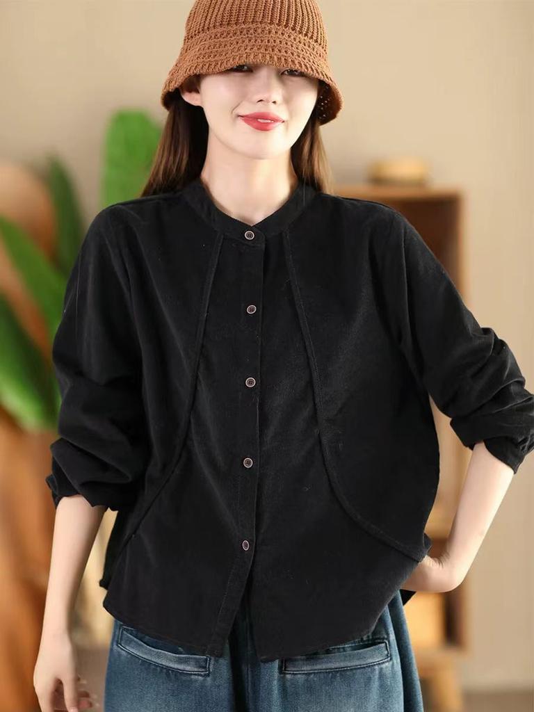 Johnature Woman Autumn Chinese Style Vintage Splicing Turn Down Collar Shirt Long Sleeves Solid Color Corduroy Shirt