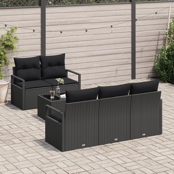 Ensemble de canapé de jardin de 6 pièces avec coussins noir poly rattan, Canapé de jardin 2 places avec coussins noir poly 3346263