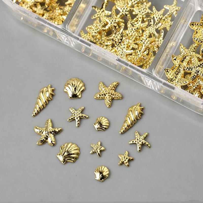 3D 6 Grids Nail Charms Gold Seashell Starfish Conch Decorations for Nail Art Craft Making
