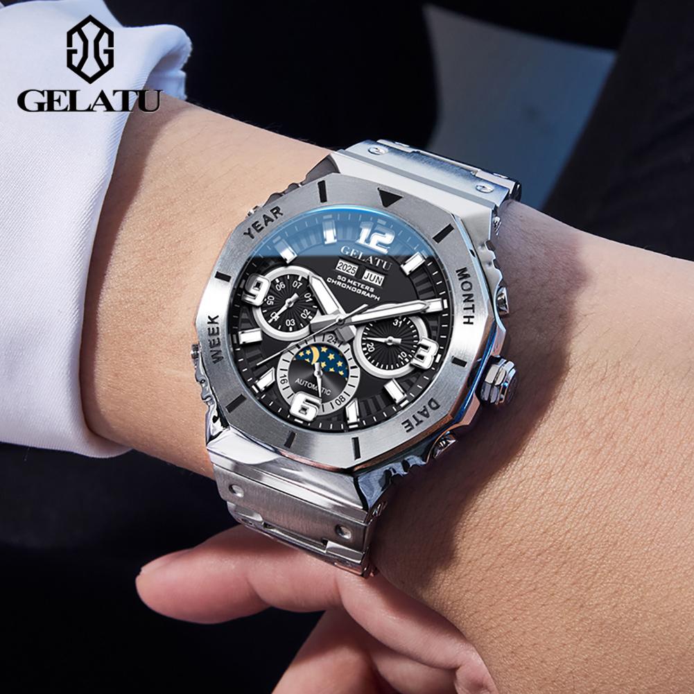 GELATU 6030 Automatic Man Watch Luxury Brand Original Moon Phase Dual Calendar Chronograph Waterproof Luminous Mechanical Watch