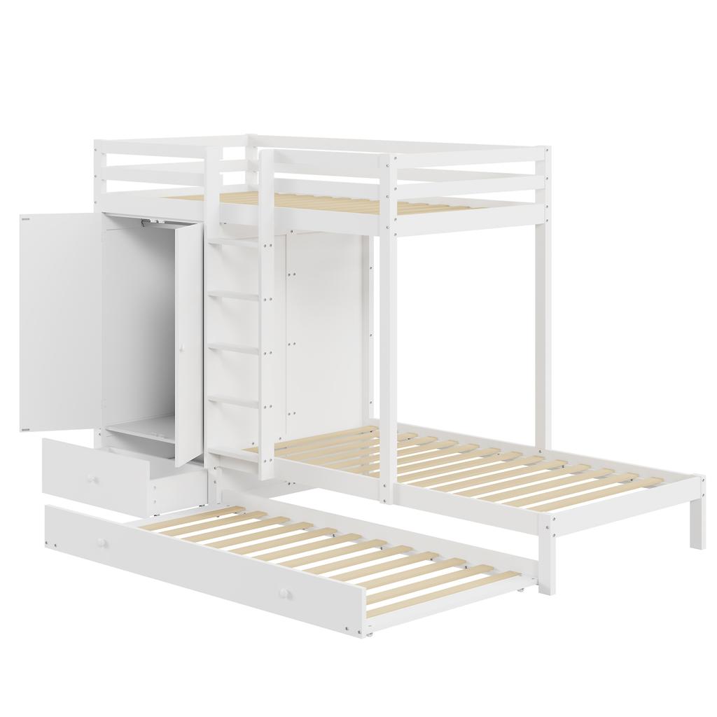 Solid Wood Bunk Bed 90*200 with Pull-out Bed, Multifunctional Children's Bed with Wardrobe, Drawers and Storage Compartment, White
