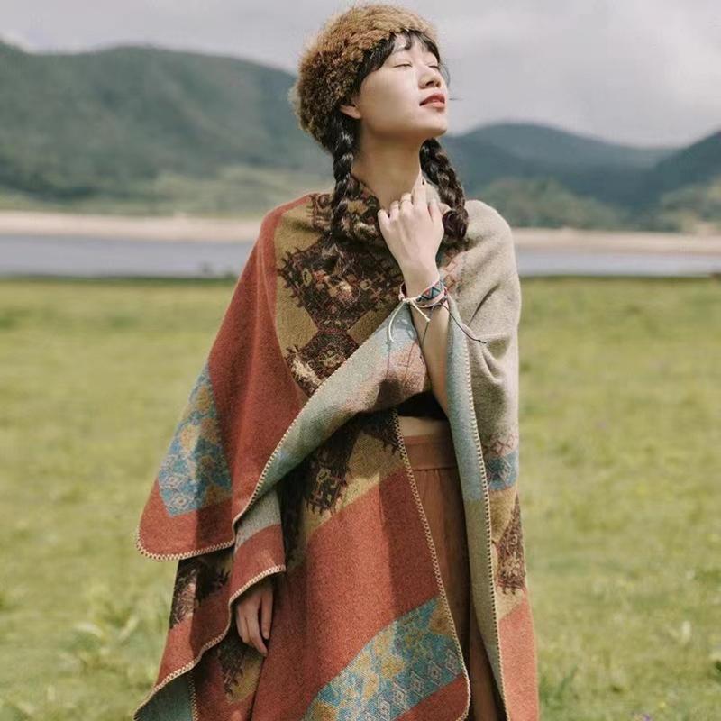 Ethnic Style Shawl Summer Outer Wear Women's Large Shawl Cape Cloak High-end Knitted Scarf