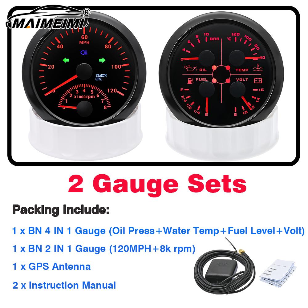 4 in 1 Multi-functional Gauge Meter Car Boat 2 IN 1 85mm GPS Speedometer for Truck Boat 7 Colors Backlight 2 Gauge Set 0-10Bar
