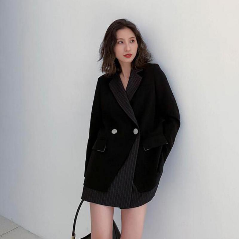 Осенние полосатые вышивки, поддельные женские пальто из двух предметов, модный дизайн, черный пиджак, одежда, повседневная свободная одежда