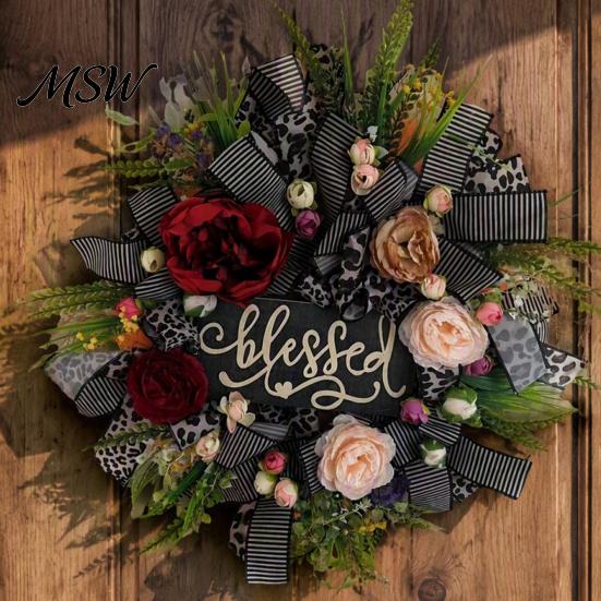 Thanksgiving Wall Hanging Fall Leopard Print Wreath for Front Door, Artificial Floral with Door Decor Blessed Sign, Faux Peony Flower Harvest Seasonal