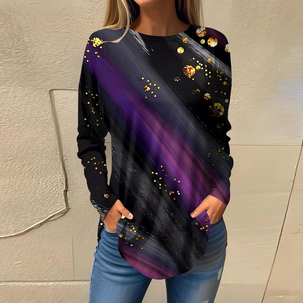 Tee Shirts For Women Fall Casual Long Sleeve Shirts Sweatshirt Geometric Stitching Printing Top Pullover