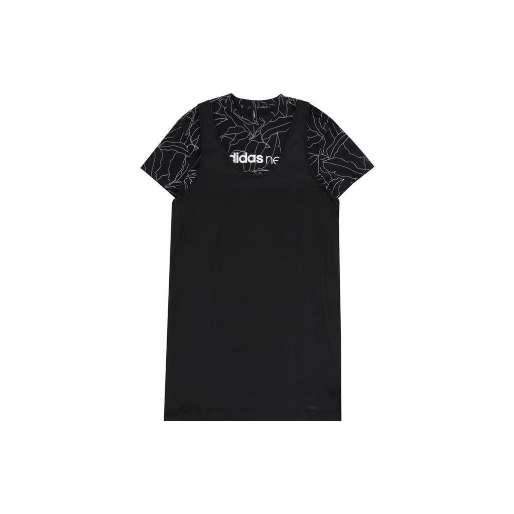 adidas Женское черное платье с принтом, имитирующее двойку, с коротким рукавом Neo CZ1700