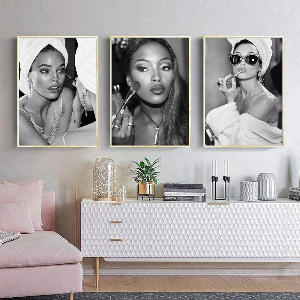 Модный сексуальный женский настенный художественный постер для девочек, макияж на холсте, черно-белая картина с принтом, дамская комната, ванная комната, домашний декор