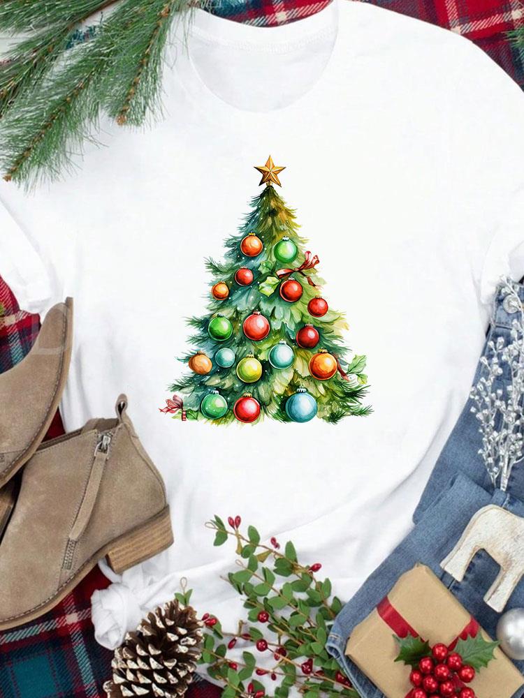 (Asian Size) Star Trend Cute New Year Festival Women Print Holiday Tee Top Merry Christmas Casual Lady Short Sleeve Fashion Graphic T-shirts