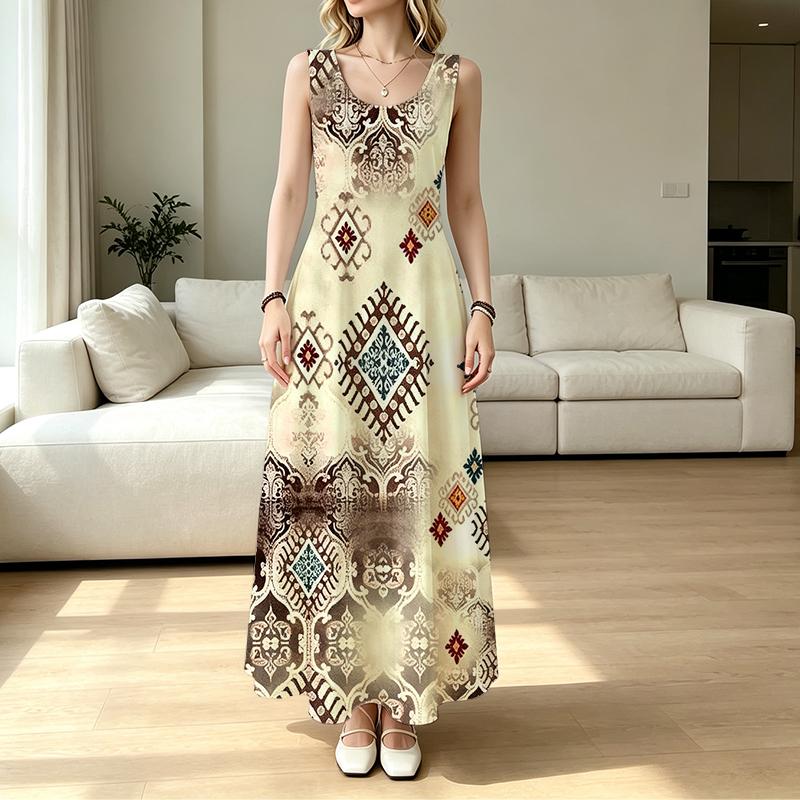 Bohemian Sleeveless Flowy Maxi Dress,Lightweight Loose Fit,Flattering Slimming for Poolside Vacation & Casual Daily Wear