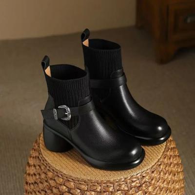 Модные женские ботильоны из кожи и трикотажа на толстом каблуке, однотонные, шикарные и элегантные, из ПУ, осенние, новинка, женская короткая обувь