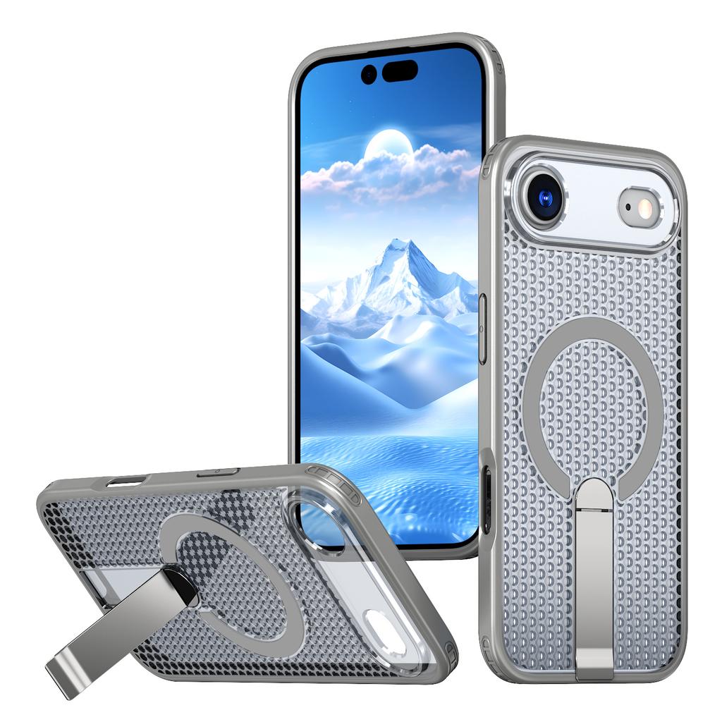 For iPhone Air Magnetic Case Kickstand Grid Texture TPU PC Phone Back Cover