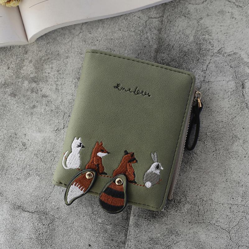 New Leather Wallet Women's Cartoon Cat Cute Fox Raccoon Short Wallets Girl's Credit Card Holder Hasp Zipper Coin Purse