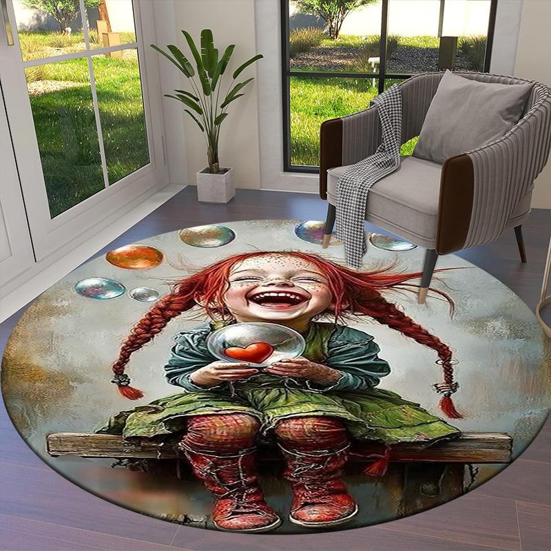 Pippi Longstocking Round Area Rug,Carpet Rug for Living Room Bedroom Sofa Playroom Decor,Non-slip Floor Mat
