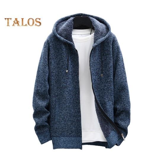 Winter Men Jacket Thickened Fleece Hooded Drawstring Zip-up Long Sleeves Sweater Coat Pockets Elastic Cuff Retro Knitted Daily Wear Outerwear Jacket