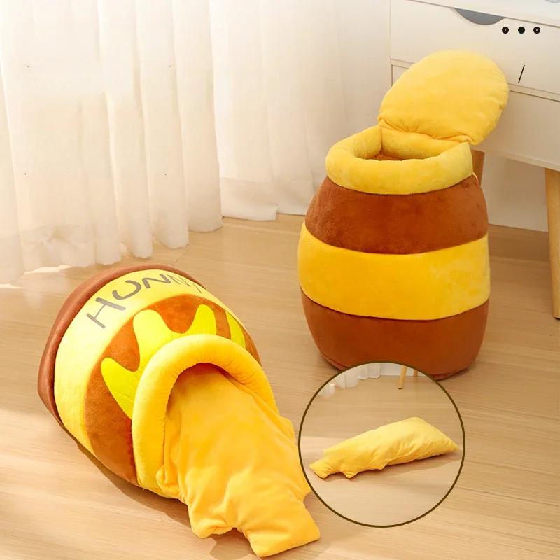 Плюшевая кровать для домашних кошек Маленькая корзина Товар для питомцев Банка Медовый коврик для кошки Форма кошки Подушка для питомцев Аксессуары Четыре сезона
