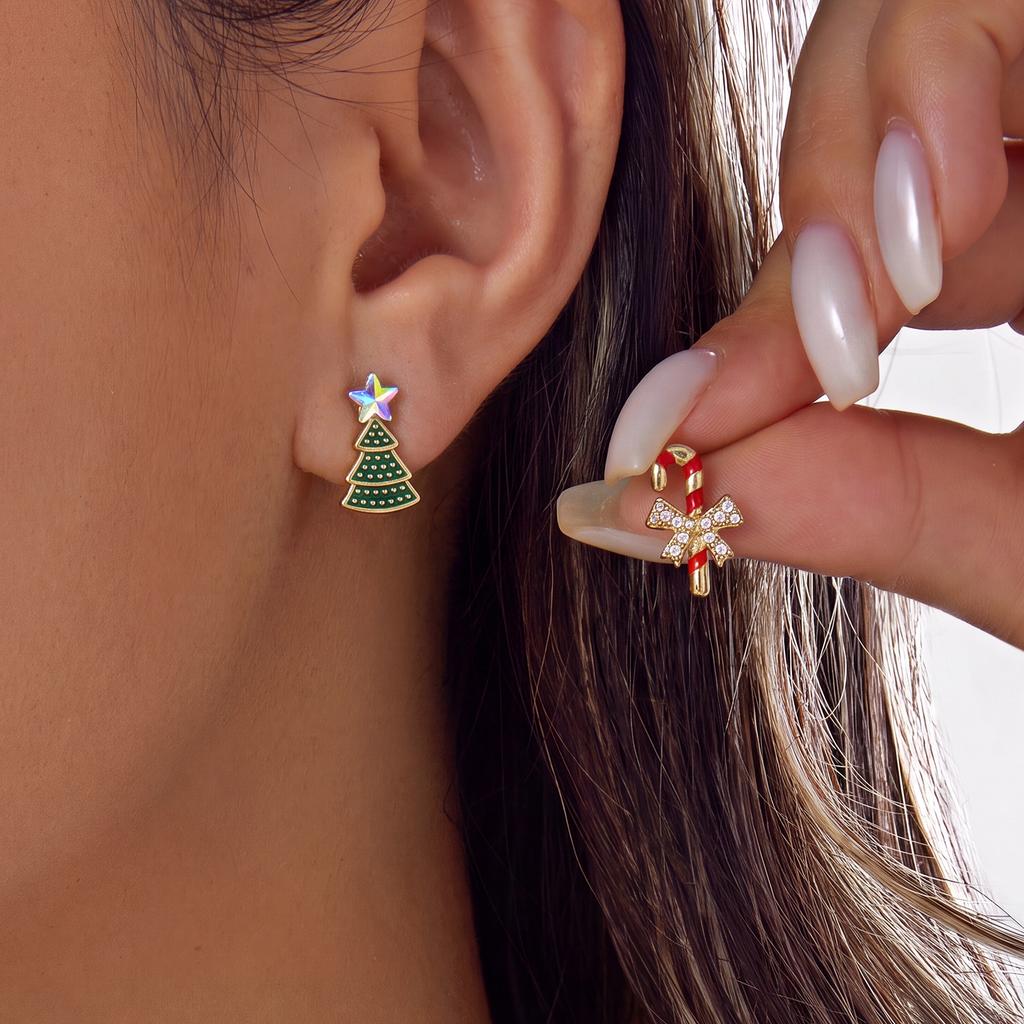 Cute Snowman Imitation Pearl Stud Earrings For Women Gold Color Bowknot Zircon Elk Xmas Tree Earring Holiday Party Jewelry Gift
