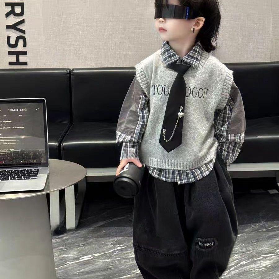 Boys' Spring & Autumn 2025 Toddler Set: Fashion Shirt & Korean-Style Cardigan