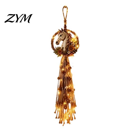 Rustic Entrance Door Decoration Farmhouse Horse Wall Decor, Boho Head Hanging Ornament with Wood Beads Pastoral for Bedroom Tassels, Art Living